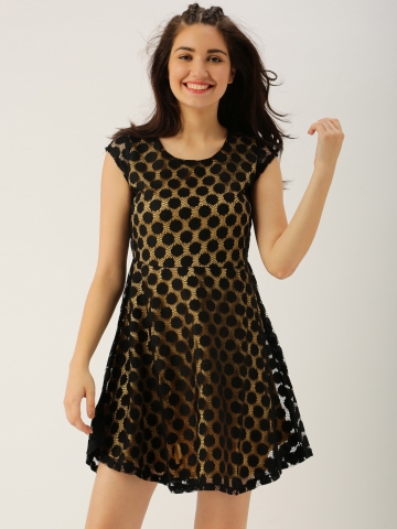 Buy DressBerry Women Black & Mustard Yellow Self-Design Fit and Flare Dress  on Myntra
