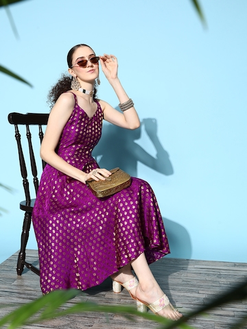 InWeave Women Charming Purple Poly Silk Spaghetti Straps Ethnic Dress
