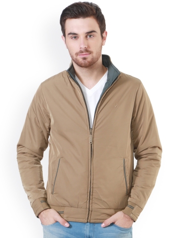 Buy Allen Solly Men Khaki & Grey Solid Reversible Bomber Jacket on ...