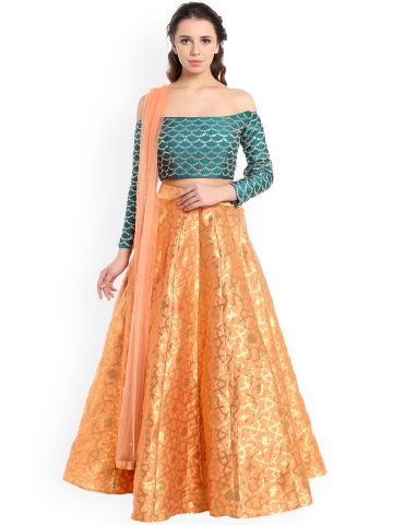 Kalki Peach & Teal Embellished Stitched Lehenga Choli with Dupatta Kalki Peach & Teal Embellished Stitched Lehenga Choli with Dupatta