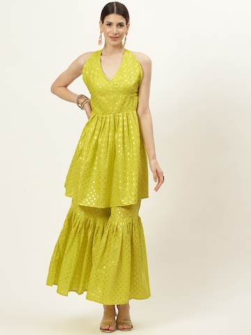 InWeave Women Lime Green & Golden Woven Design Kurta with Sharara
