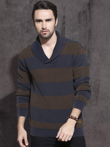 Roadster Men Navy Blue & Brown Striped Pullover