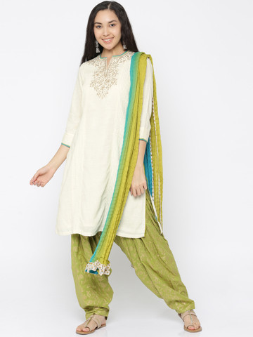 Biba Women Cream & Green Solid Kurta with Salwar & Dupatta Biba Women Cream & Green Solid Kurta with Salwar & Dupatta