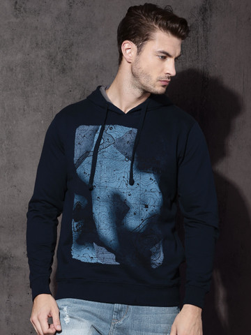 Roadster Men Navy Blue Printed Hooded Sweatshirt Roadster Men Navy Blue Printed Hooded Sweatshirt
