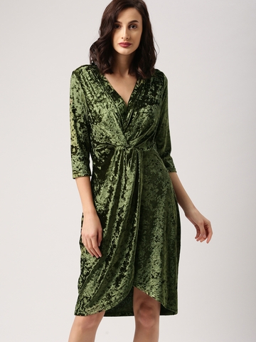 Olive Green Velvet Finish Wrap Dress ...