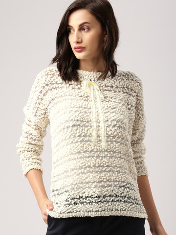 all about you Cream-Coloured Self Design Pullover