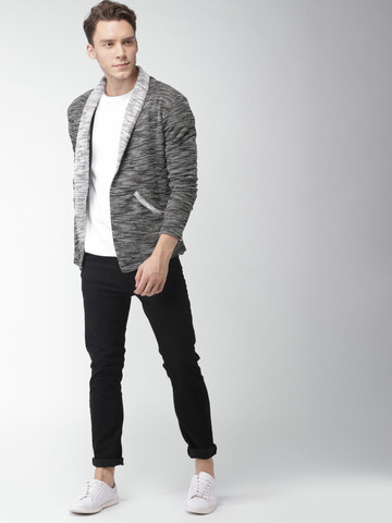 Mast & Harbour Men Black & White Self Design Front-Open Sweater