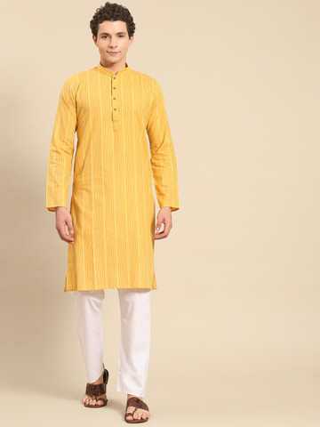 40% OFF on RAJUBHAI HARGOVINDAS Men Yellow Striped Pure Cotton Kurta 40% OFF on RAJUBHAI HARGOVINDAS Men Yellow Striped Pure Cotton Kurta