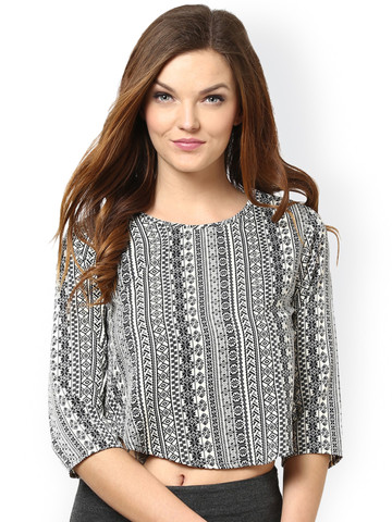 La Zoire Women Off-White & Black Printed Crop Top