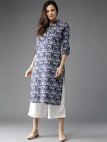 HERE&NOW Women Blue & Off-White Printed Straight Kurta