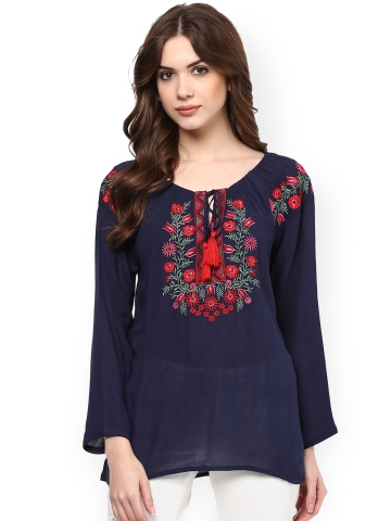 70% OFF on Bhama Couture Women Navy Blue Embroidered Semi-Sheer Top on ...