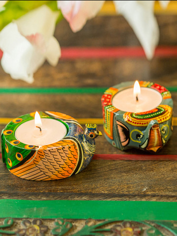 ExclusiveLane Set of 2 Multicoloured Handmade Wooden Candle Holders