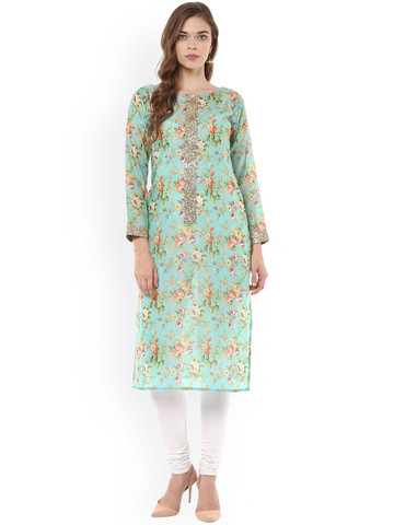 Ahalyaa Women Sea Green Floral Print Straight Kurta
