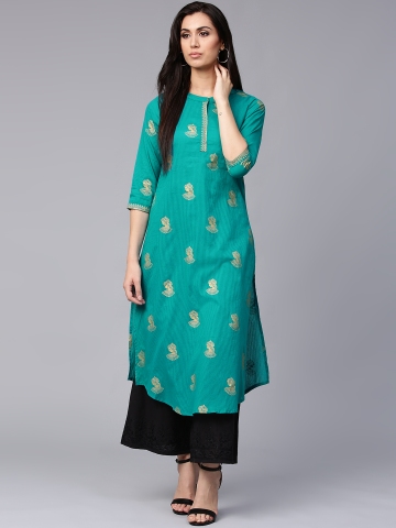 40% OFF on Rain & Rainbow Women Teal Green Printed A-Line Kurta on ...