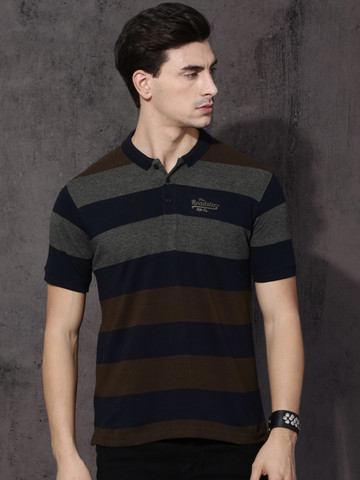 Roadster Men Navy Blue & Brown Striped Polo Collar T-shirt