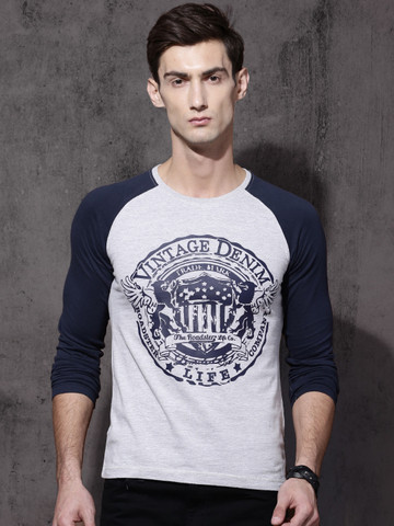 Roadster Men Grey Melange Printed Round Neck T-shirt