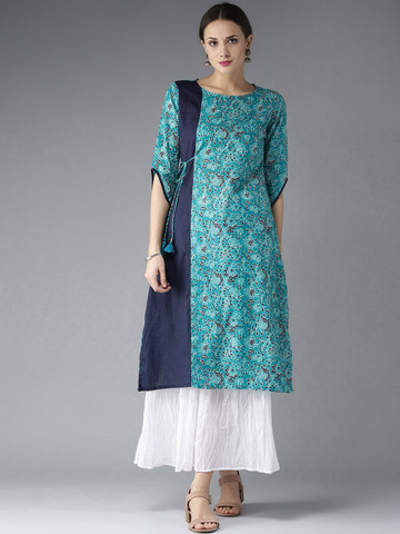 HERE&NOW Women Blue Handblock Print Straight Kurta