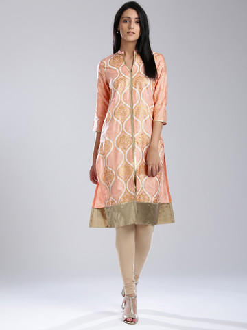 W Women Peach-Coloured & Golden Printed Straight Kurta