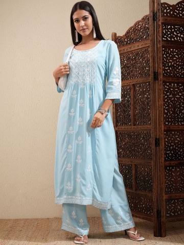 Vishudh Blue Floral Embroidered Round Neck Thread Work Kurta With Palazzos