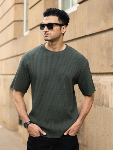 Powerlook Men Self Design Round Neck Oversized T-shirt