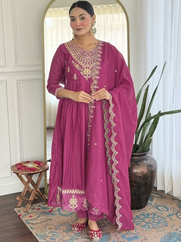 KALINI Floral Yoke Design V-Neck Zari Anarkali Kurta With Trousers And Dupatta