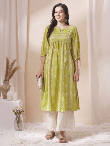 KAMI KUBI Ethnic Motifs Printed Notch Neck Pure Cotton A-Line Kurta