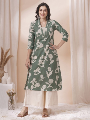 KAMI KUBI Women Floral Printed A-Line Cotton Kurta