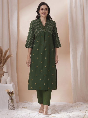 KAMI KUBI Geometric Printed V-Neck Cotton Straight Kurta