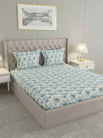Raymond Home White & Blue 110TC Microfiber Double Queen Bedsheet Set 2.20 m x 2.50 m
