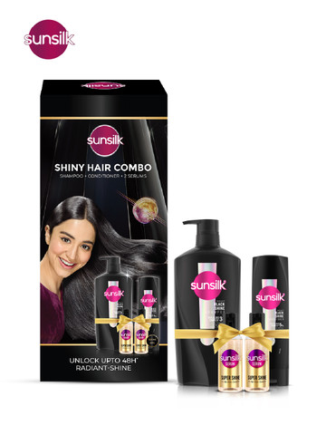 Sunsilk Shiny Hair Combo - Radiant Black Shine Shampoo+Conditioner & 2 Super Shine Serum