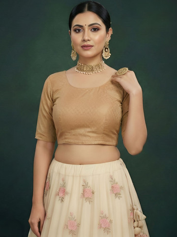 DESI RIWAAZ Woven Design Cotton Round Neck Saree Blouse