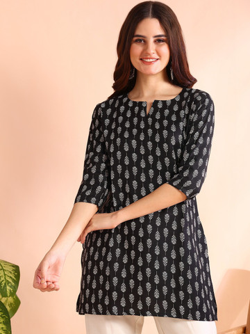 EVANORA Botanical Printed Boat Neck Kurti