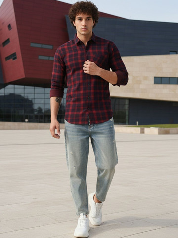 XENOR Men Slim Fit Tartan Checks Checked Casual Shirt