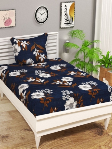 bsb home Aspire Navy Blue Floral Printed Microfiber 144TC Single Bedsheet Set 2.28 x 1.52m