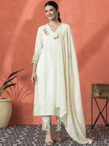 Sangria Floral Embroidered V-Neck Sequinned Cotton Straight Kurta With Trouser & Dupatta