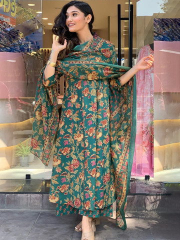 KALINI Floral Printed Pleated V-Neck Mirror Work A-Line Kurta With Trousers And Dupatta