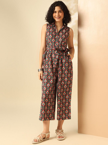 Anouk Printed Shirt Collar Culotte Jumpsuit with Waist Tie-Ups