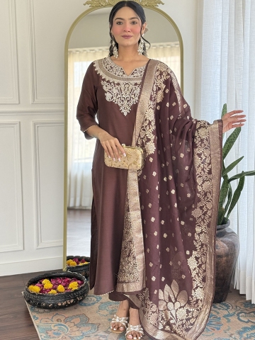 KALINI Yoke Design Sequunied Notch Neck Pure Silk Straight Kurta With Trousers & Dupatta