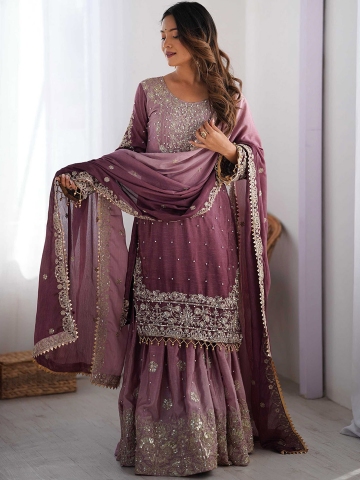 KALINI Floral Embroidered Straight Kurta with Sharara & Dupatta