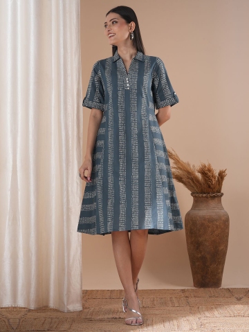 KAMI KUBI Women Cotton Shirt Collar Printed A-Line Midi Dress