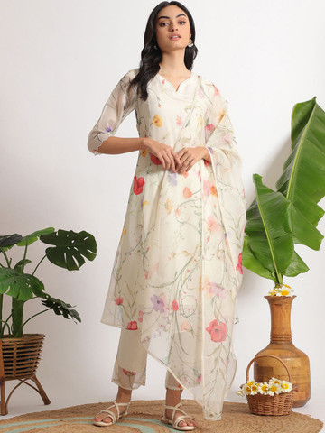 W Women Floral Printed Regular Kurta with Trousers & With Dupatta