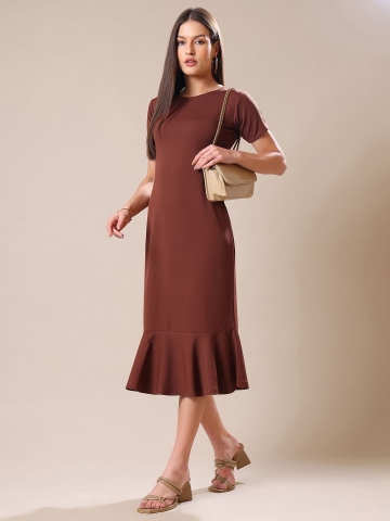 PURVAJA Round Neck Ruffled Midi Sheath Dress