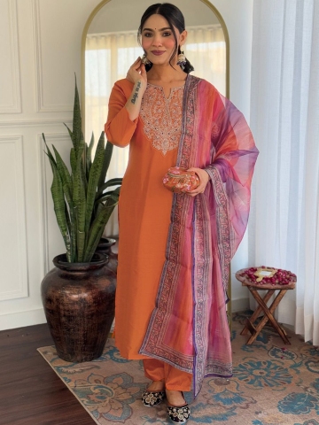 KALINI Women Floral Yoke Design Regular Thread Work Kurta with Trousers & With Dupatta