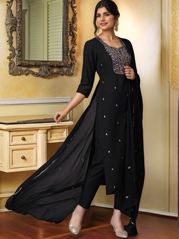 KALINI Women Black Rayon Blend Embroidered Straight Kurta Suit With Dupatta