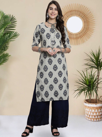 HERE&NOW Women Ethnic Motifs Printed Round Neck Straight Kurta