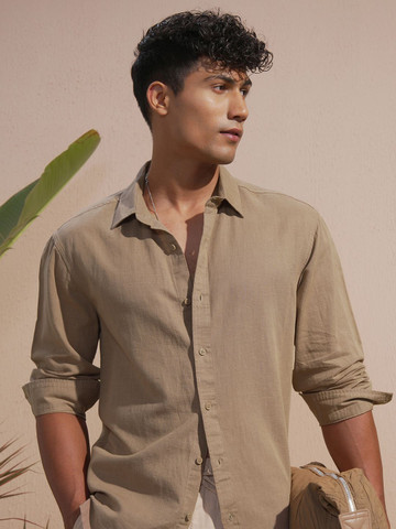 HIGHLANDER Spread Collar Long Sleeves Cotton Linen Relaxed Fit Shirt
