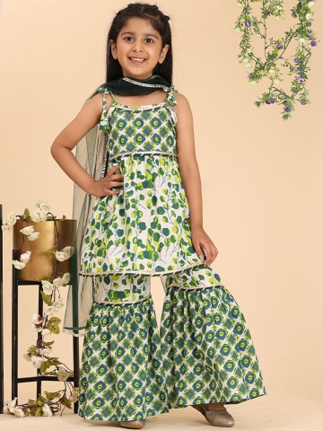 Cutiekins Kids Girls Floral Printed Regular Gotta Patti Kurta with Sharara & Dupatta
