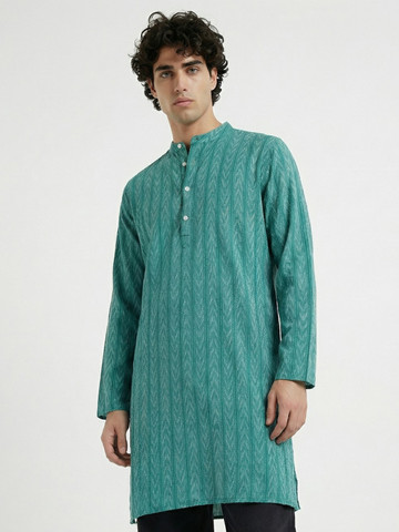 Anouk Rustic Striped Band Collar Straight Kurta