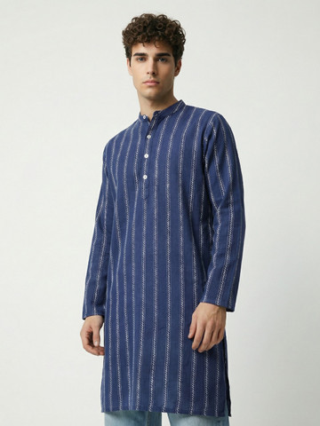 Anouk Rustic Striped Band Collar Straight Kurta