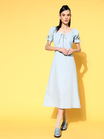 80% OFF on The Roadster Lifestyle Co. Blue Sweetheart Neck Pure Cotton Empire Cut It Off Dress